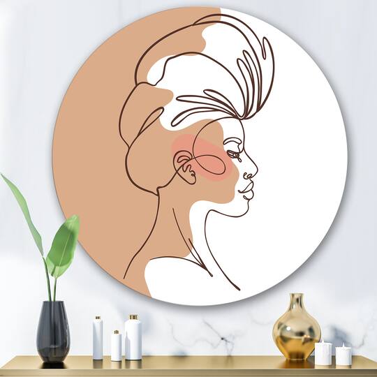 Designart - One Line Portrait of African American Woman II - Modern Metal Circle Wall Art